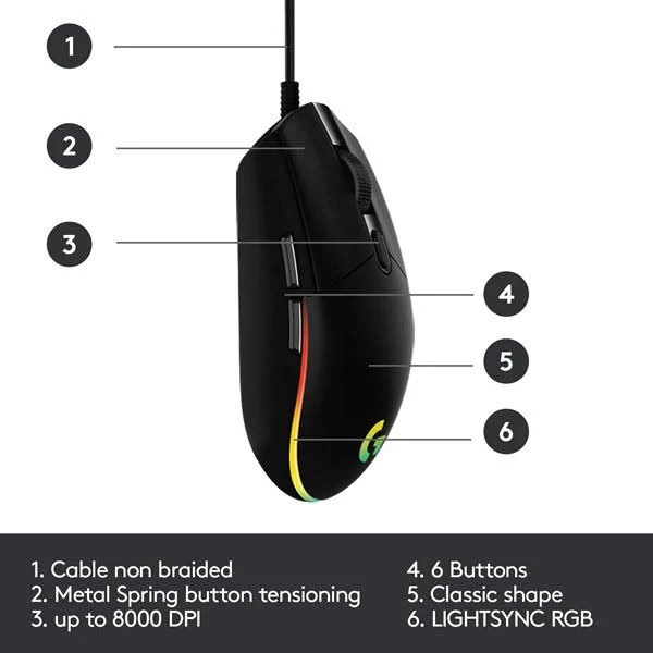 Logitech USB Gaming Mouse RGB Light Sync 6 Button G203 view 6